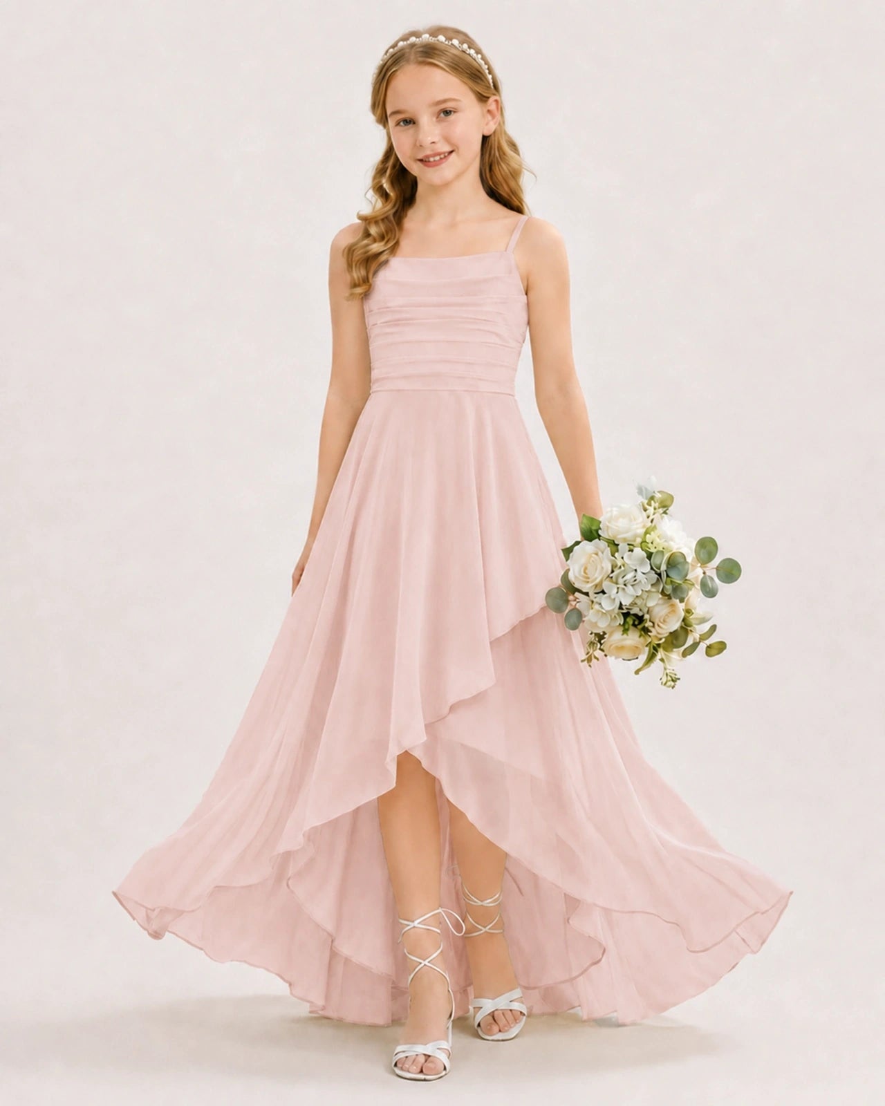 Dideyttawl Chiffon Junior Bridesmaid Dress with High-Low Ruffle Layers