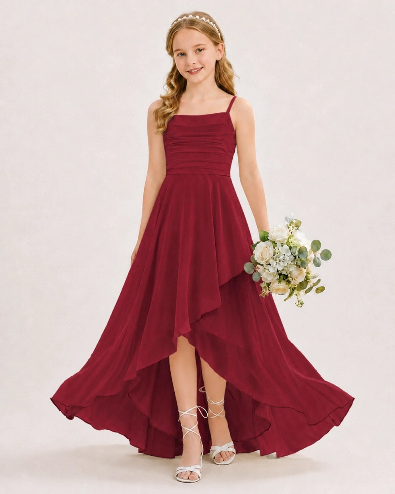Burgundy Chiffon A-line Junior Bridesmaid Dress Front View