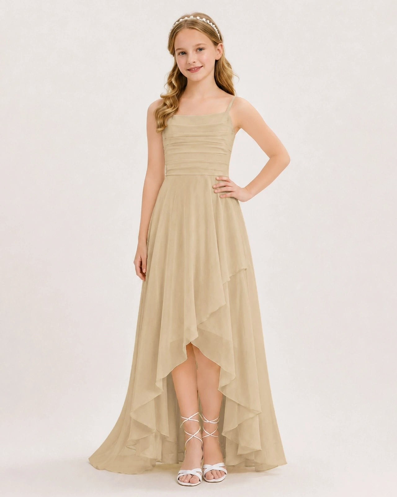 Dideyttawl Chiffon Junior Bridesmaid Dress with High-Low Ruffle Layers
