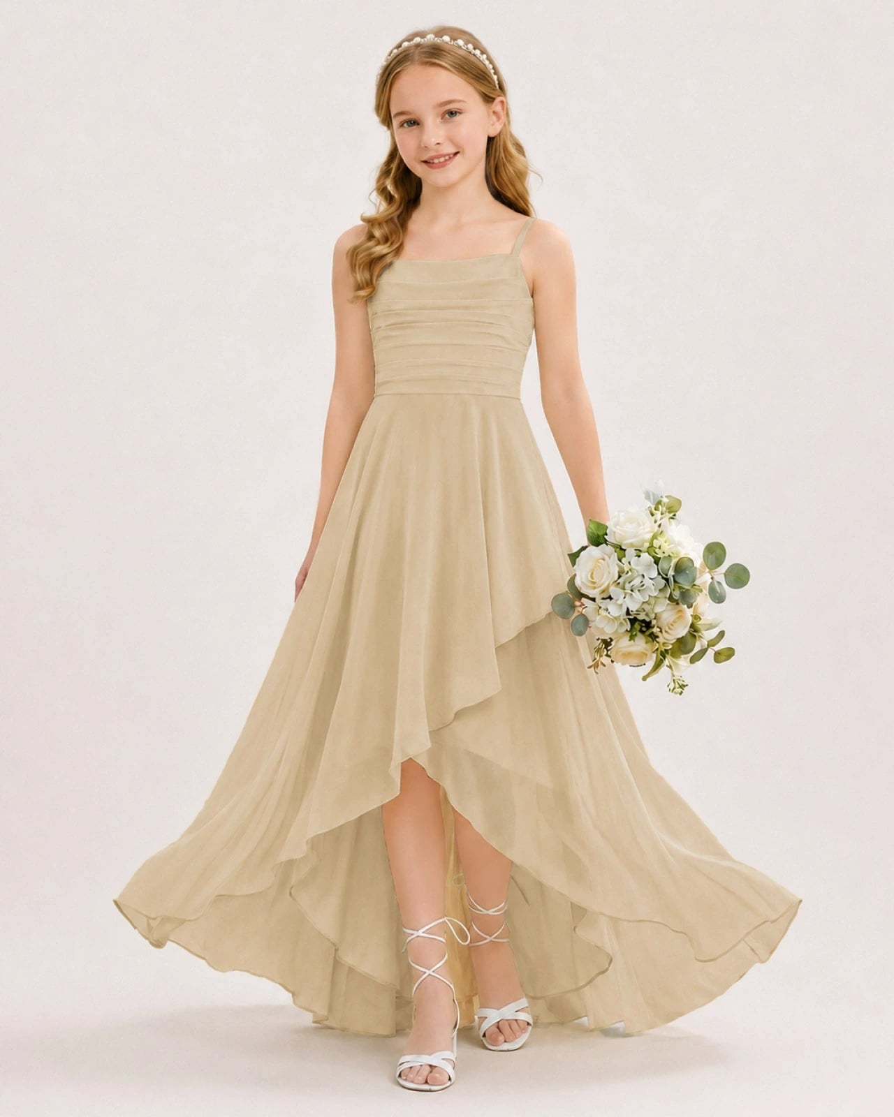 Dideyttawl Chiffon Junior Bridesmaid Dress with High-Low Ruffle Layers