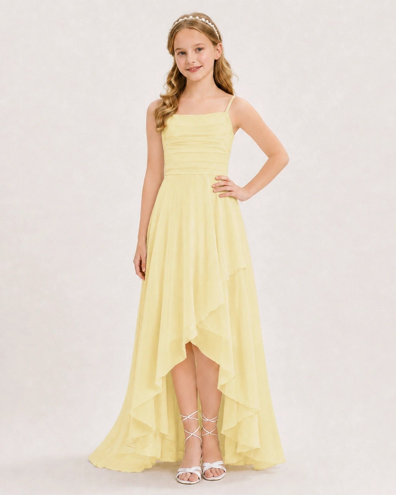 Dideyttawl Chiffon Junior Bridesmaid Dress with High-Low Ruffle Layers