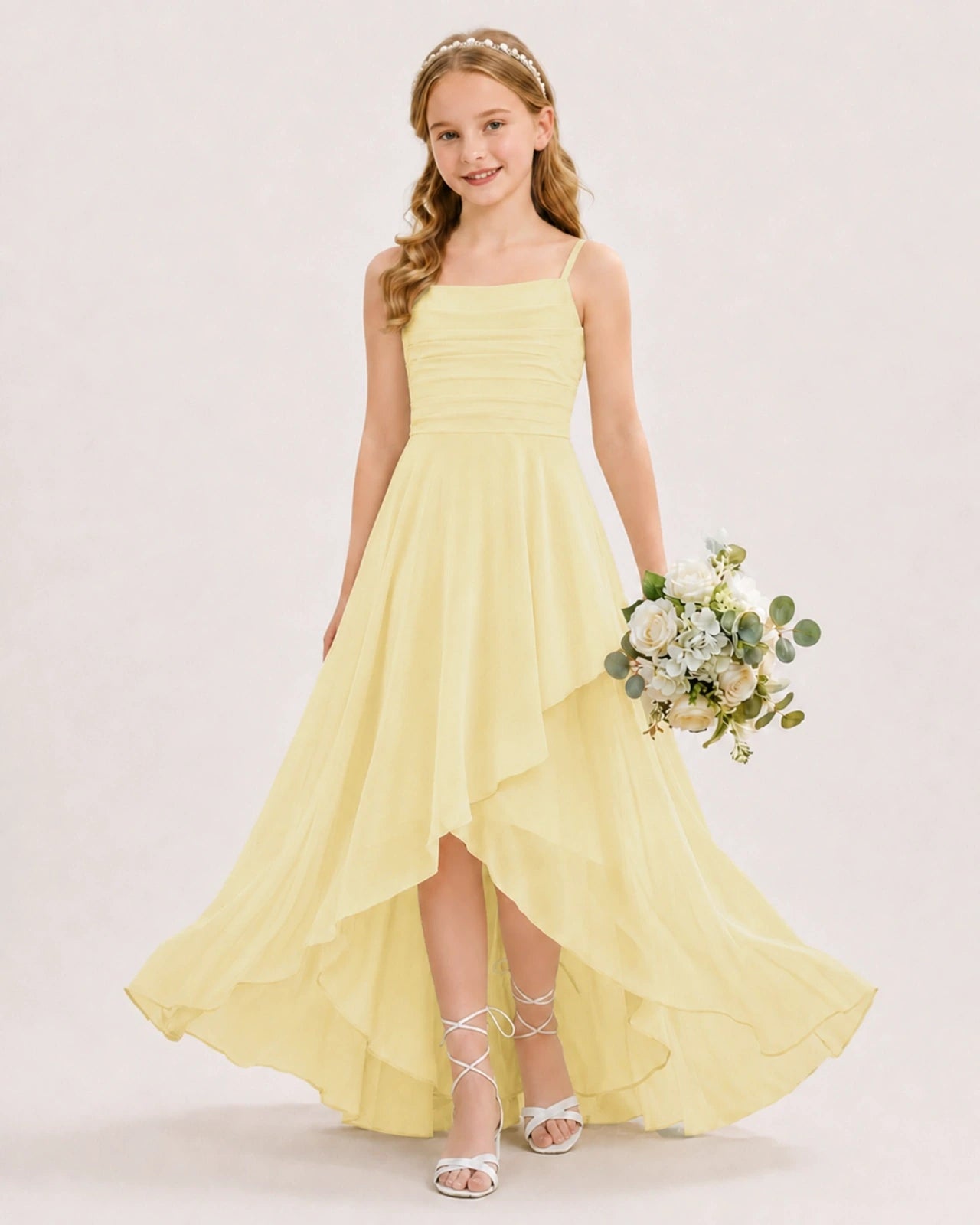 Dideyttawl Chiffon Junior Bridesmaid Dress with High-Low Ruffle Layers Imagen principal del producto