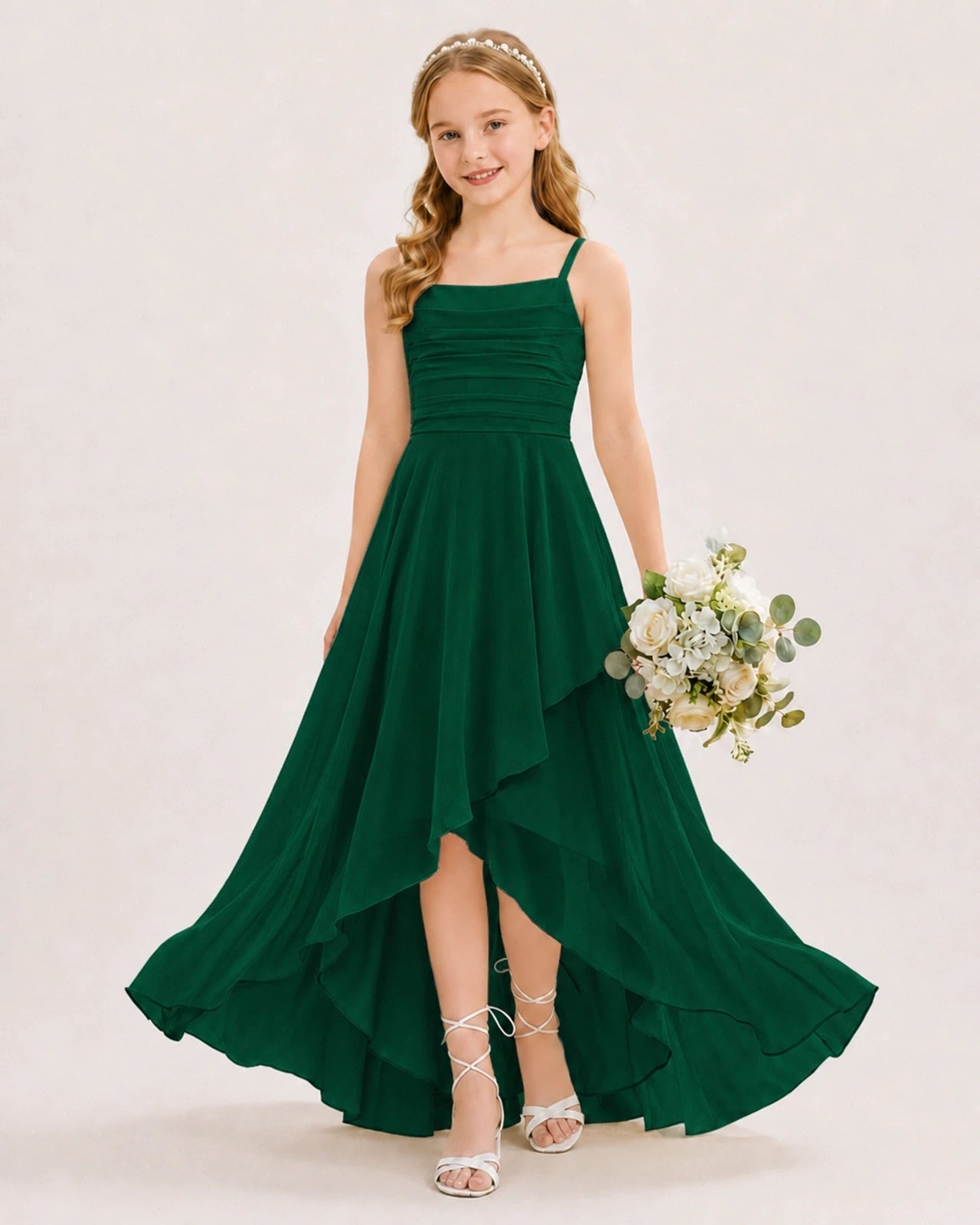 Dideyttawl Chiffon Junior Bridesmaid Dress with High-Low Ruffle Layers