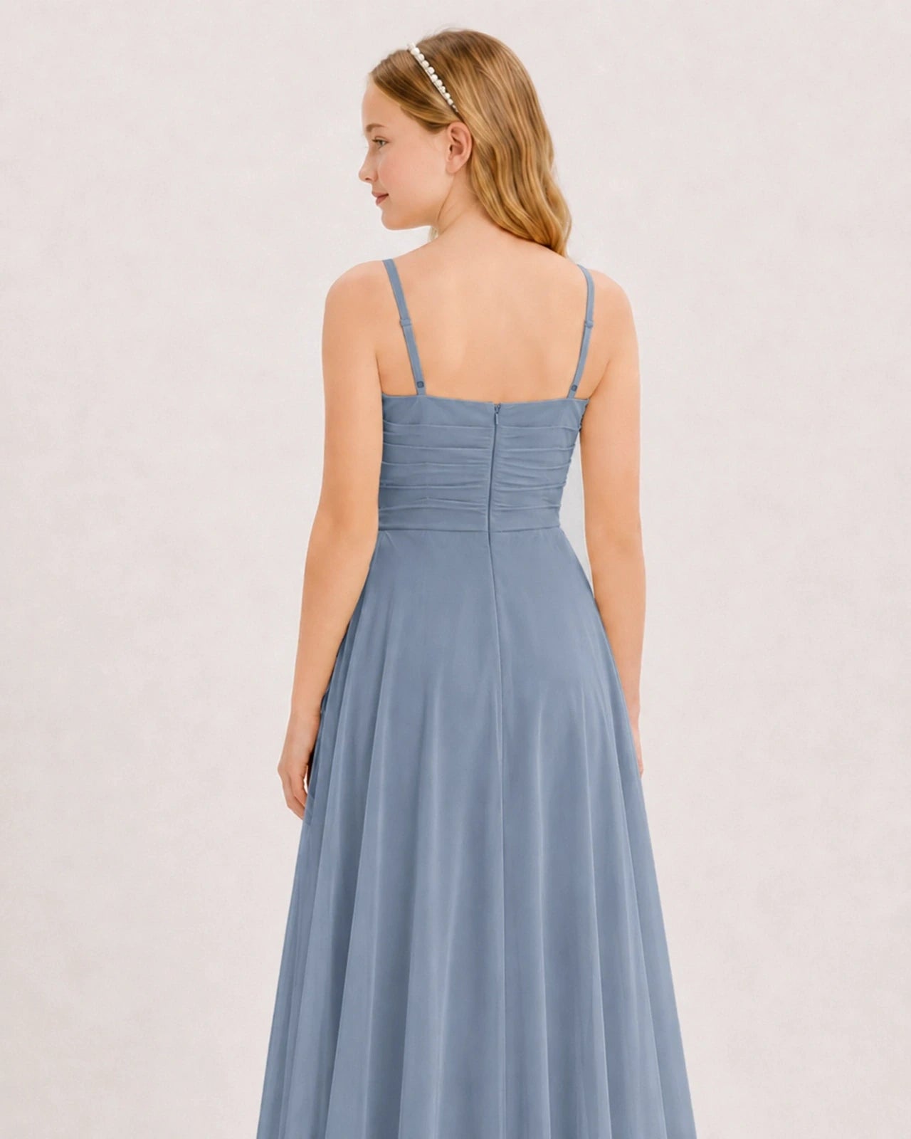 Dusty Blue Chiffon A-line Junior Bridesmaid Dress Back View