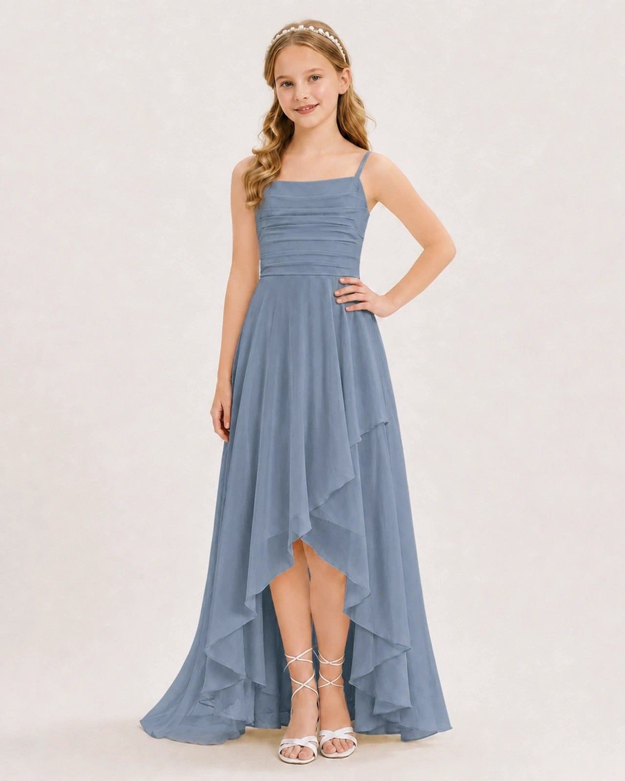 Dusty Blue Chiffon A-line Junior Bridesmaid Dress Front View