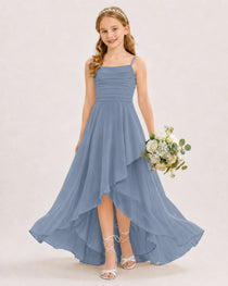 Dideyttawl Chiffon Junior Bridesmaid Dress with High-Low Ruffle Layers