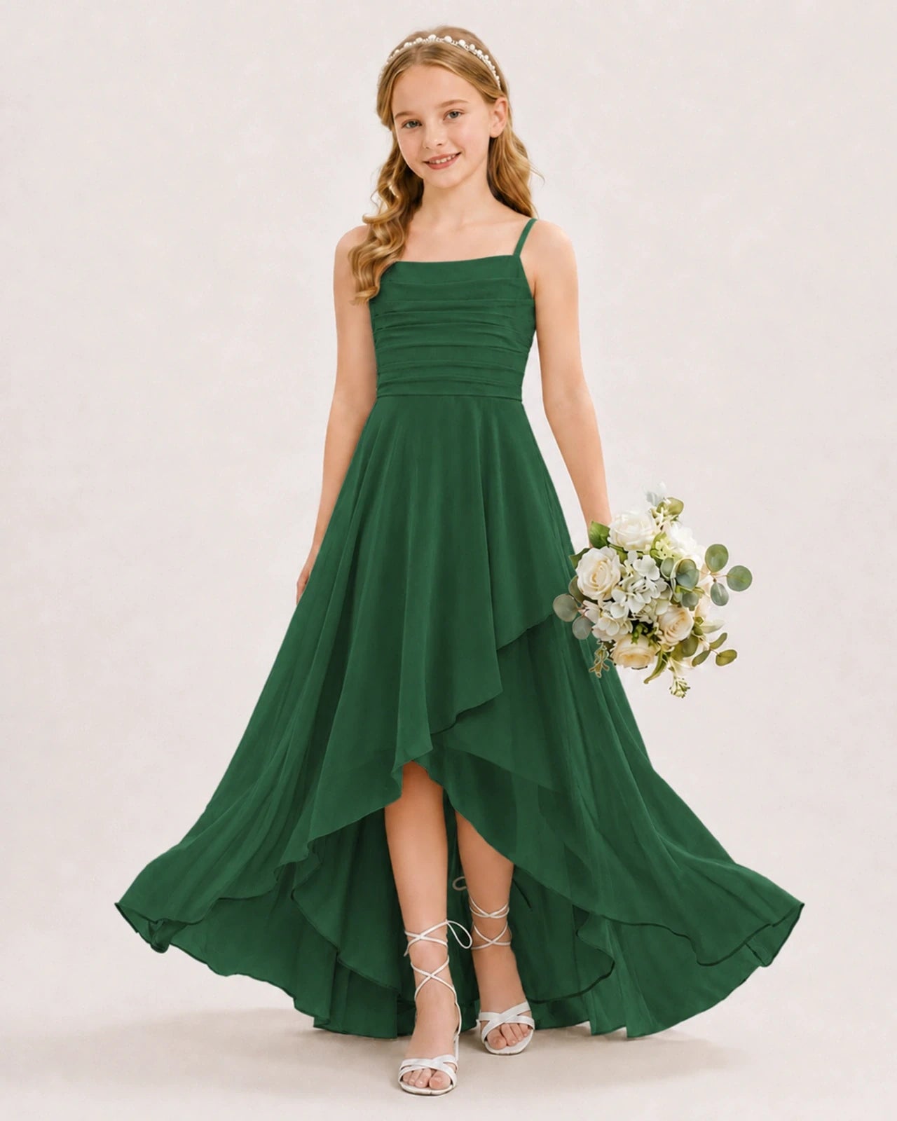 Dideyttawl Chiffon Junior Bridesmaid Dress with High-Low Ruffle Layers