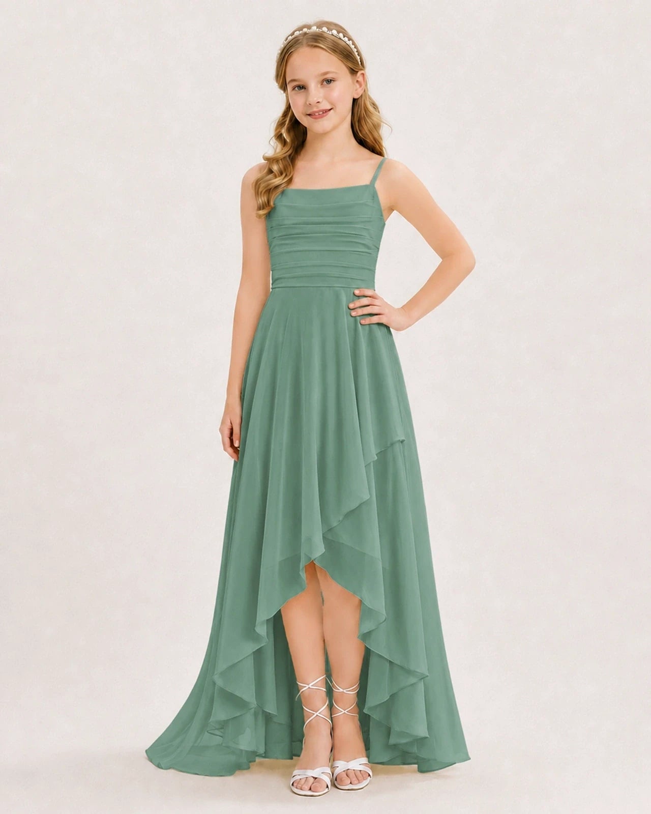 Eucalyptus Chiffon A-line Junior Bridesmaid Dress Front View