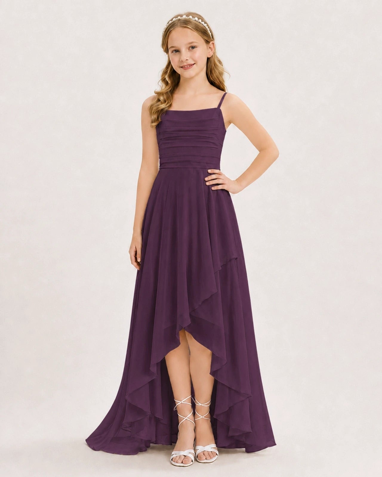Dideyttawl Chiffon Junior Bridesmaid Dress with High-Low Ruffle Layers