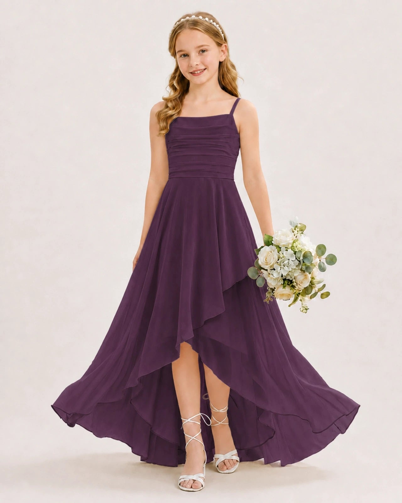 Dideyttawl Chiffon Junior Bridesmaid Dress with High-Low Ruffle Layers