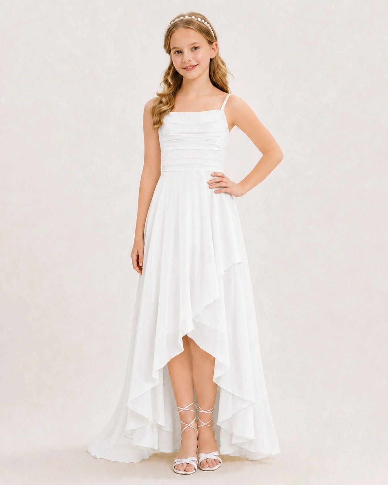 Dideyttawl Chiffon Junior Bridesmaid Dress with High-Low Ruffle Layers