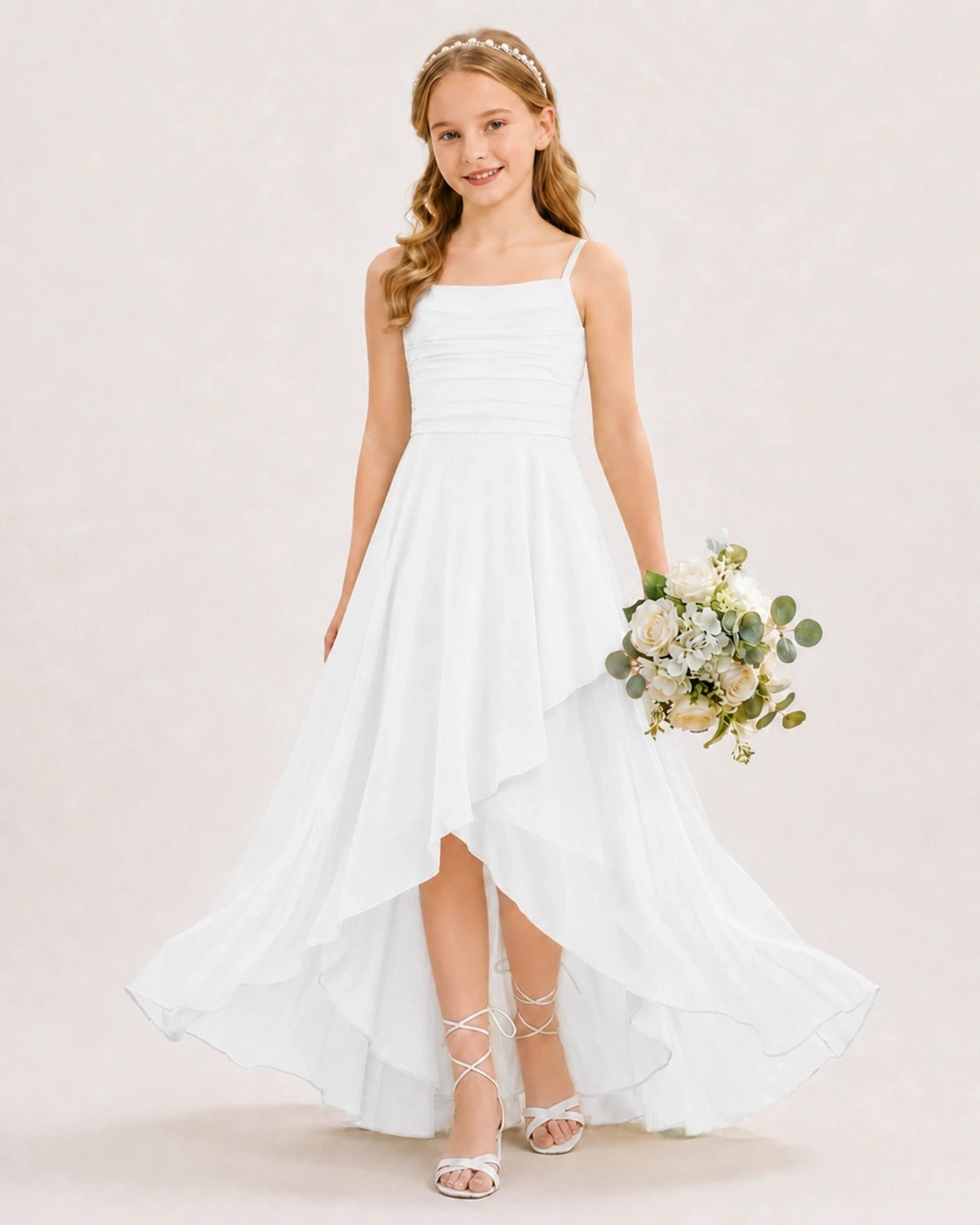 Dideyttawl Chiffon Junior Bridesmaid Dress with High-Low Ruffle Layers