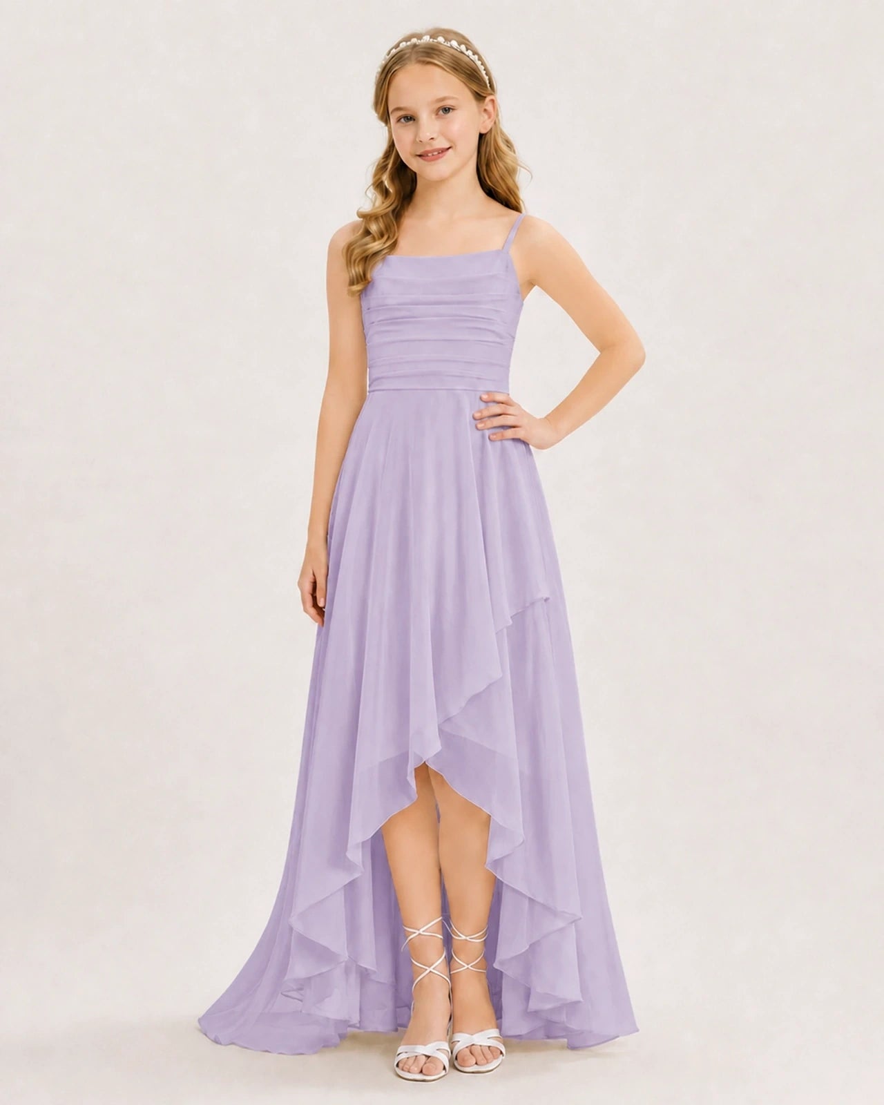 Dideyttawl Chiffon Junior Bridesmaid Dress with High-Low Ruffle Layers