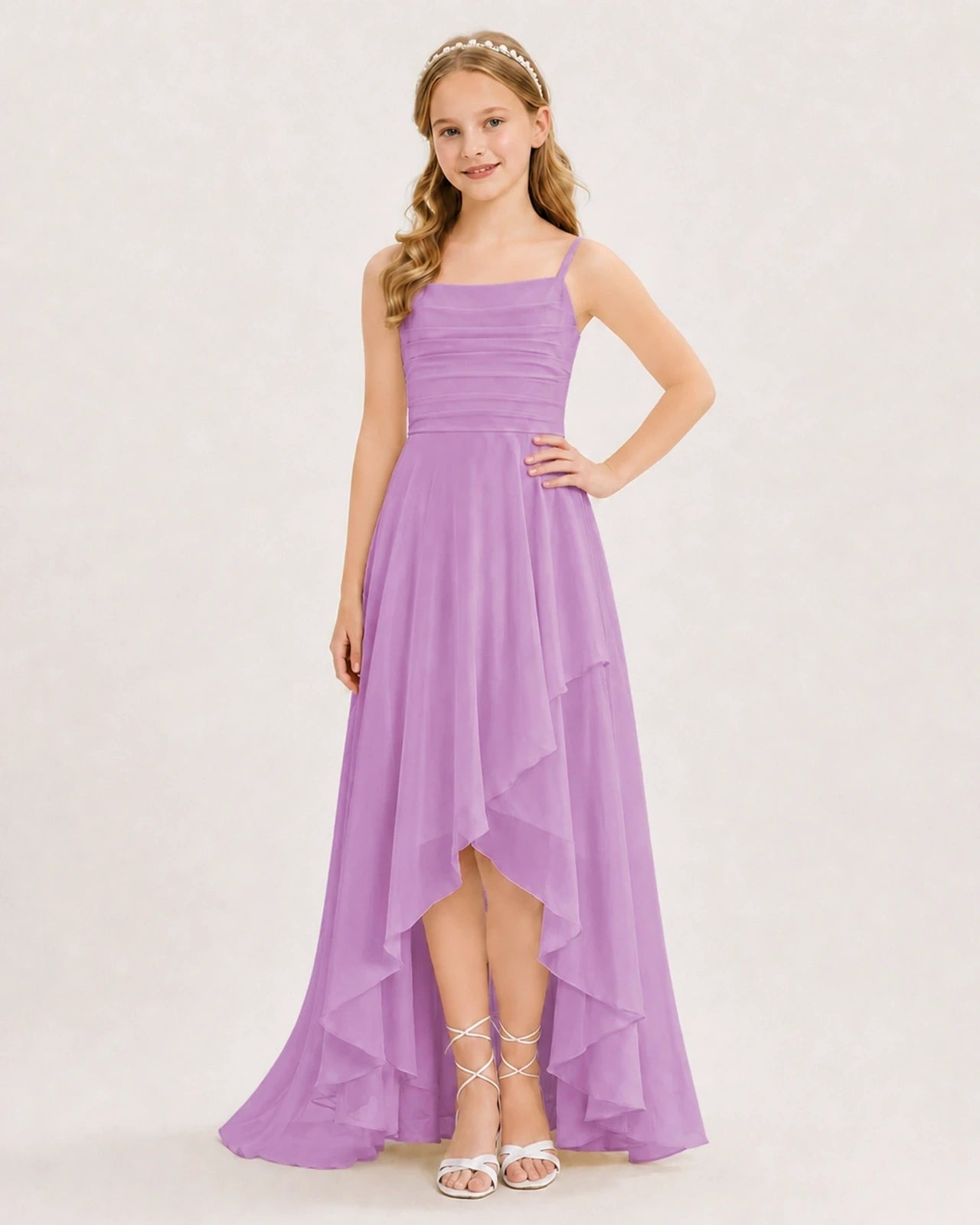 Dideyttawl Chiffon Junior Bridesmaid Dress with High-Low Ruffle Layers