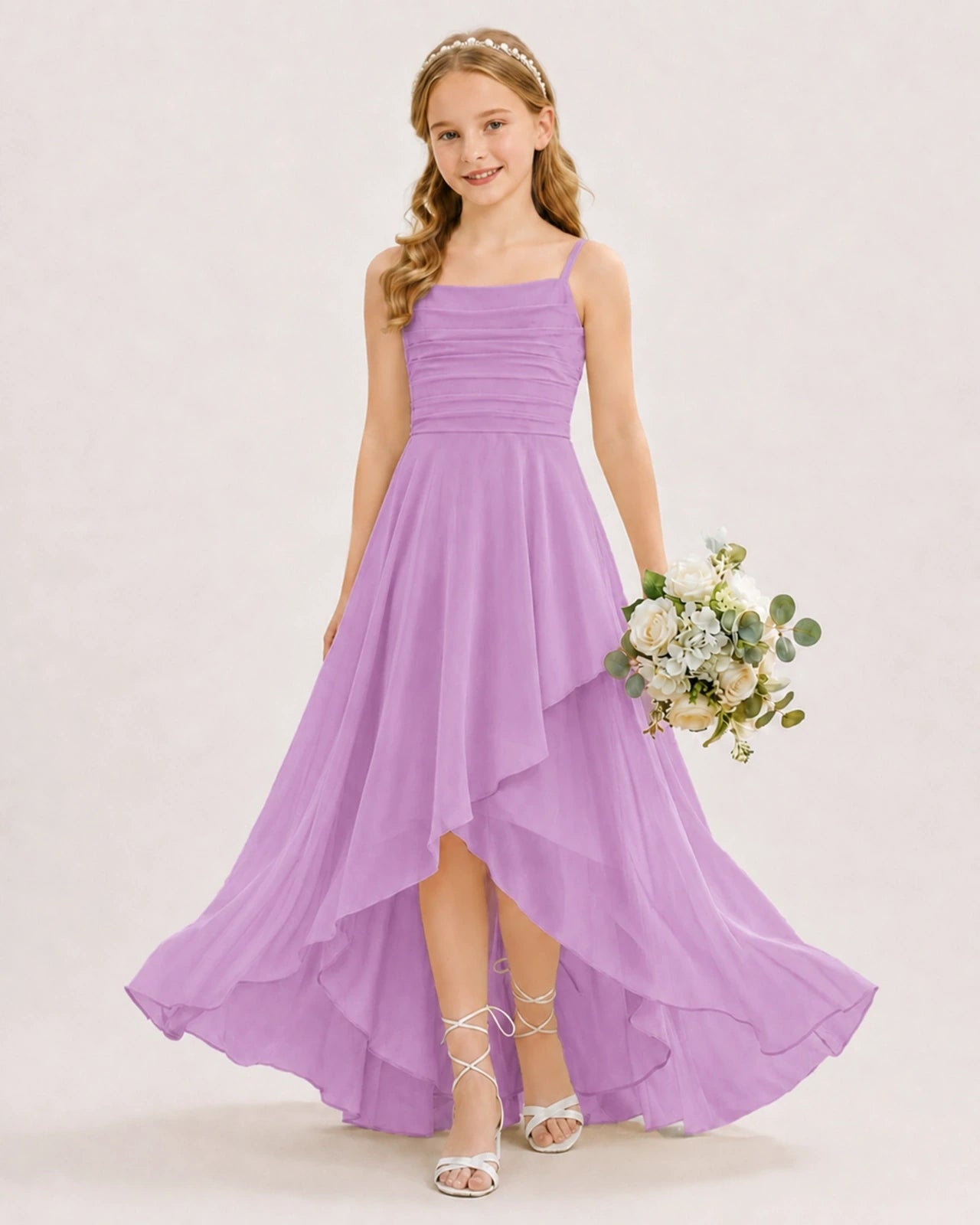 Dideyttawl Chiffon Junior Bridesmaid Dress with High-Low Ruffle Layers