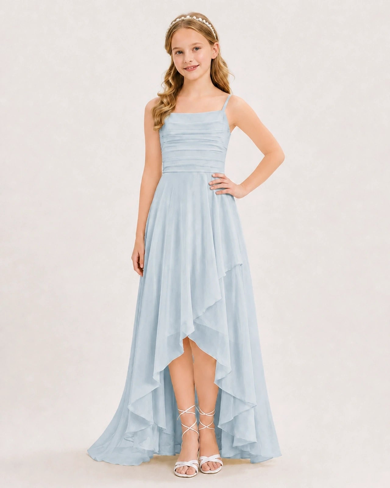 Dideyttawl Chiffon Junior Bridesmaid Dress with High-Low Ruffle Layers