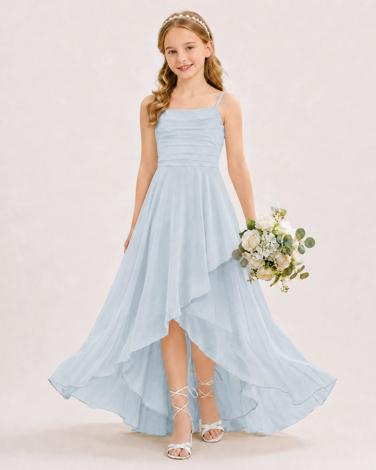 Dideyttawl Chiffon Junior Bridesmaid Dress with High-Low Ruffle Layers