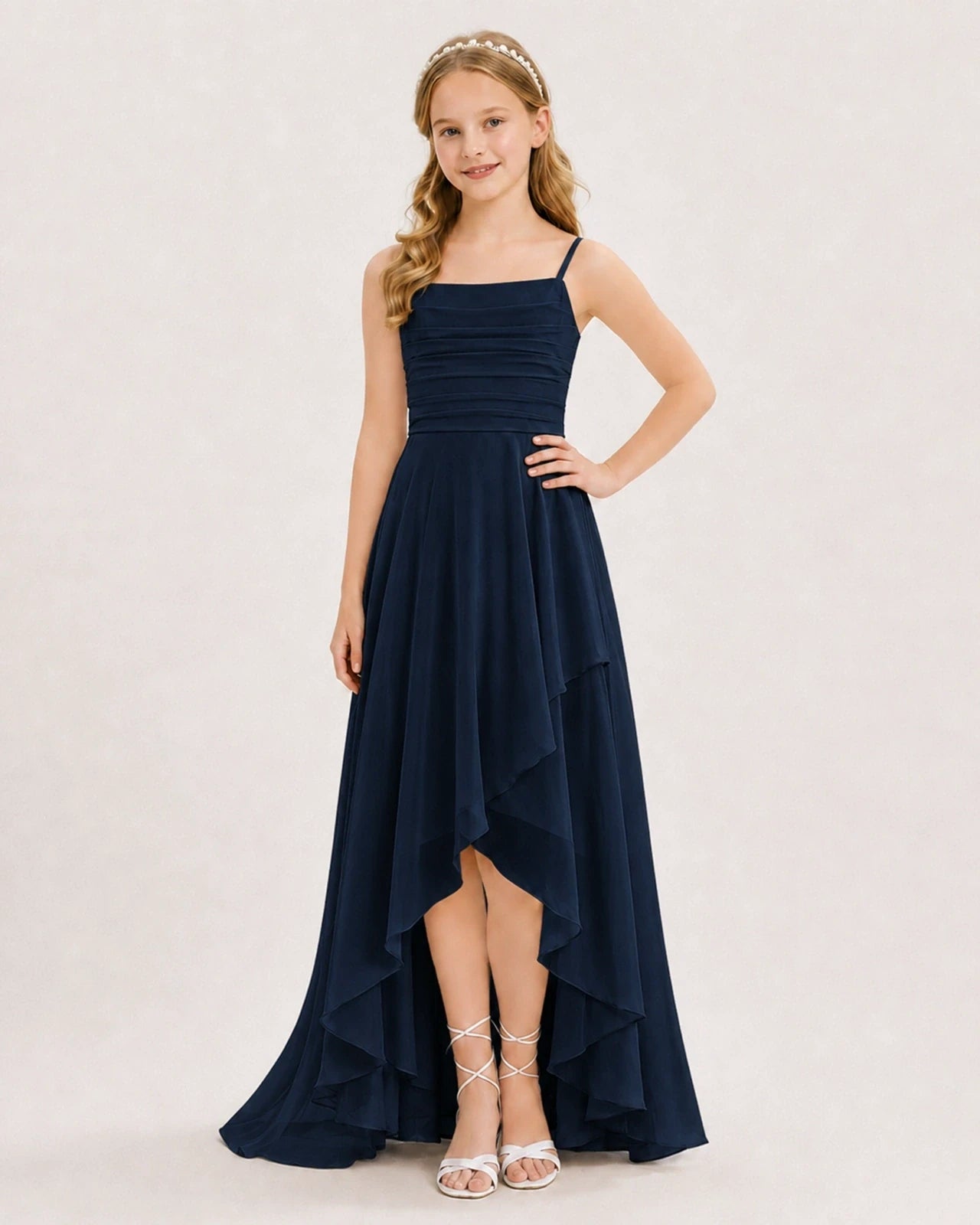 Navy Blue Chiffon A-line Junior Bridesmaid Dress Front View