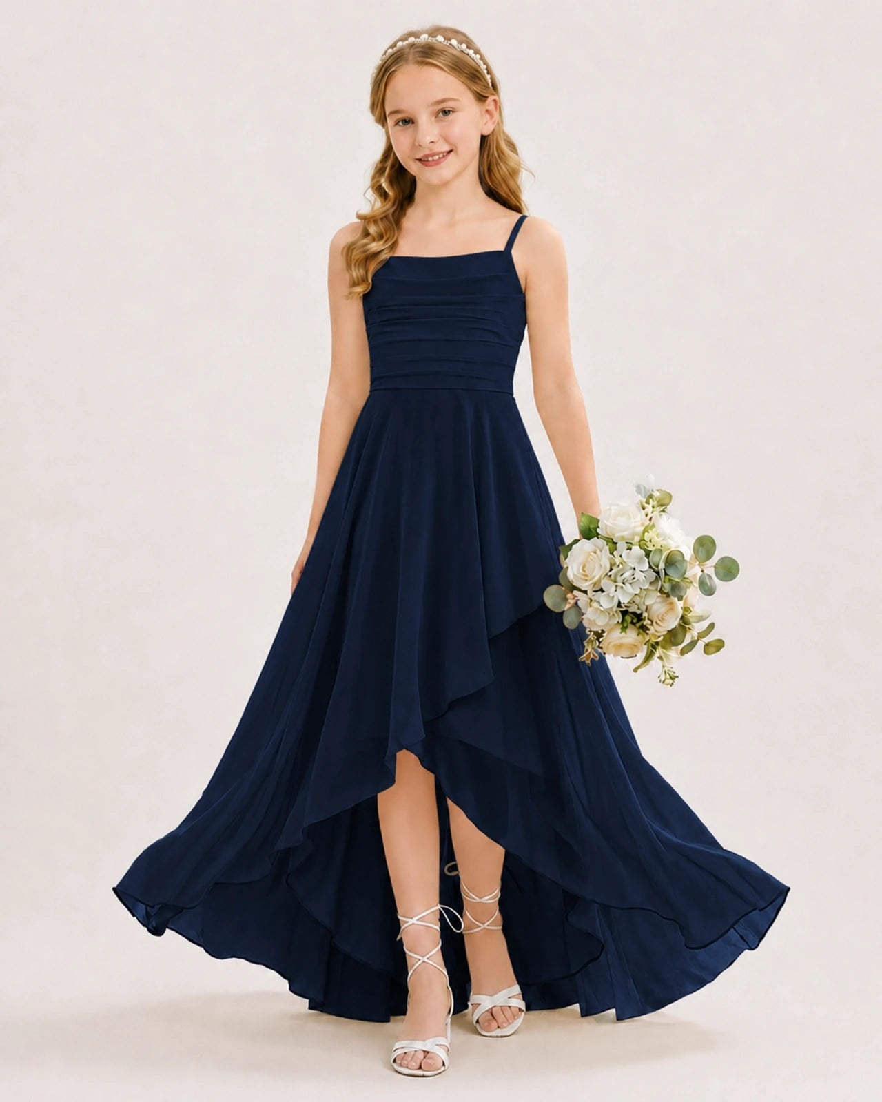 Dideyttawl Chiffon Junior Bridesmaid Dress with High-Low Ruffle Layers