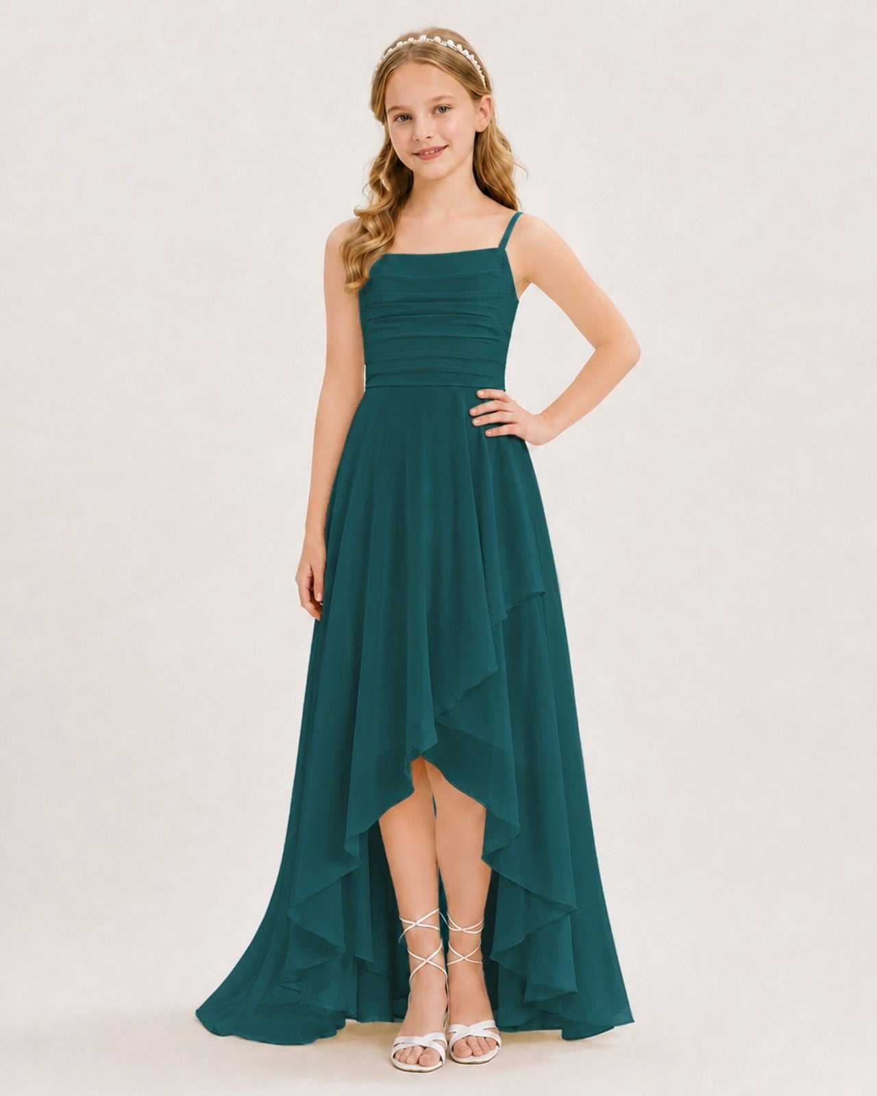 Dideyttawl Chiffon Junior Bridesmaid Dress with High-Low Ruffle Layers