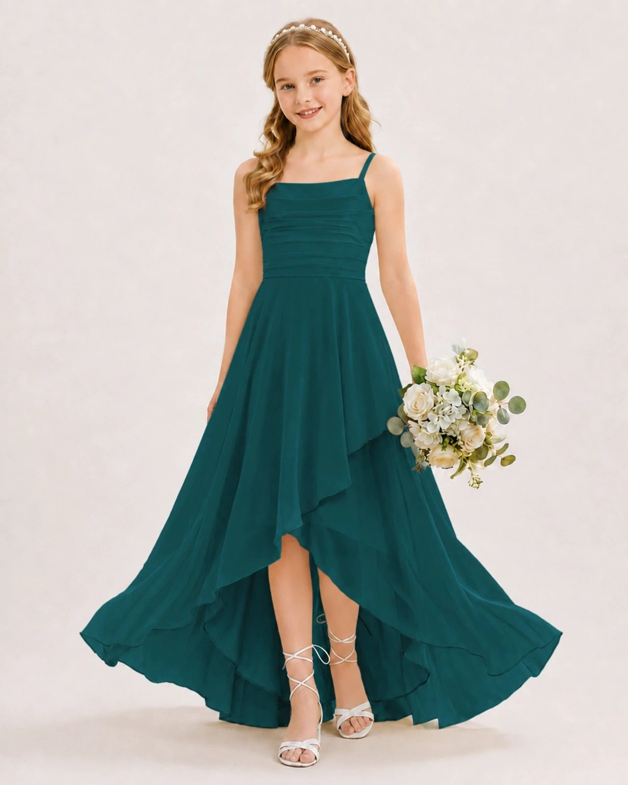 Dideyttawl Chiffon Junior Bridesmaid Dress with High-Low Ruffle Layers