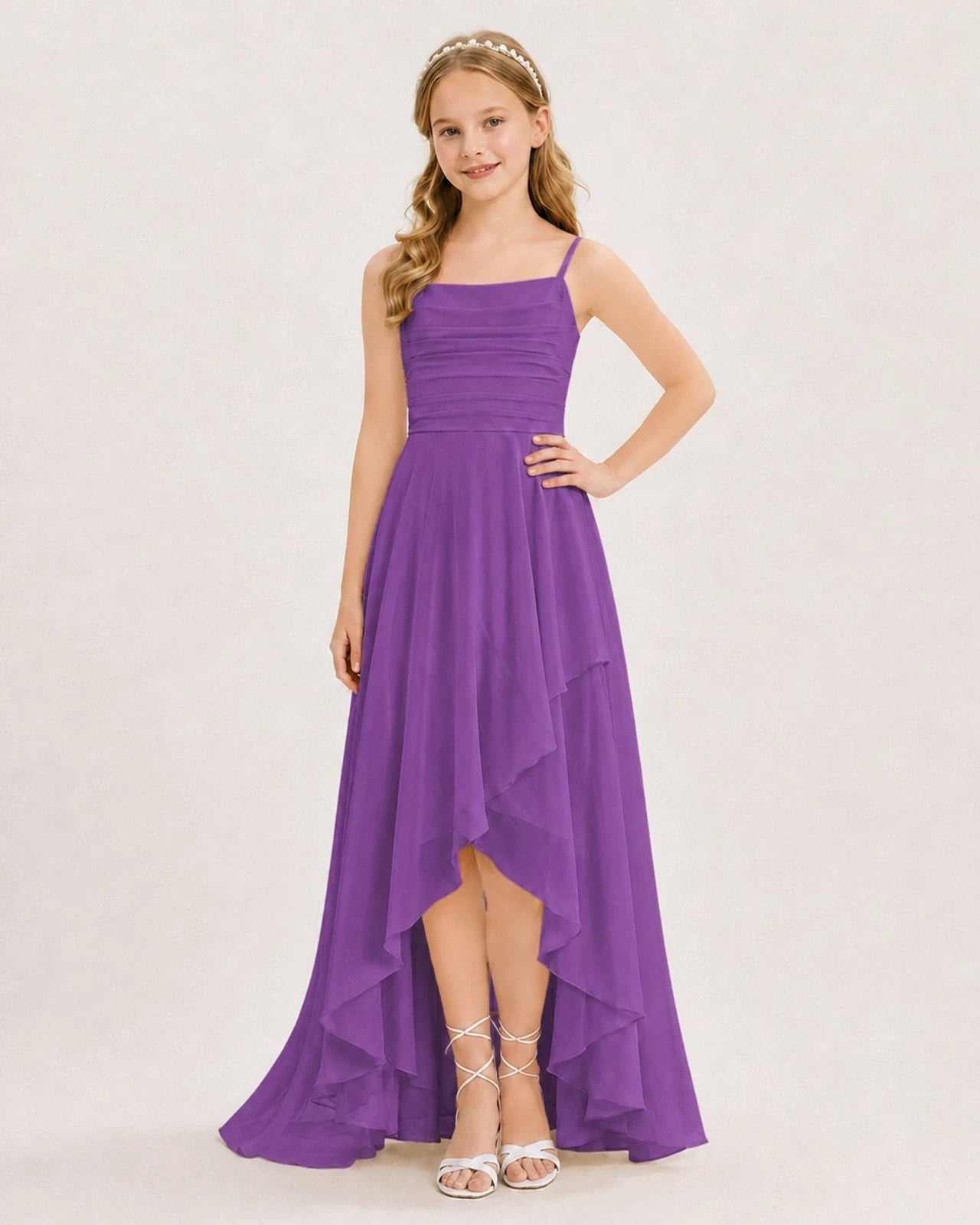 Dideyttawl Chiffon Junior Bridesmaid Dress with High-Low Ruffle Layers
