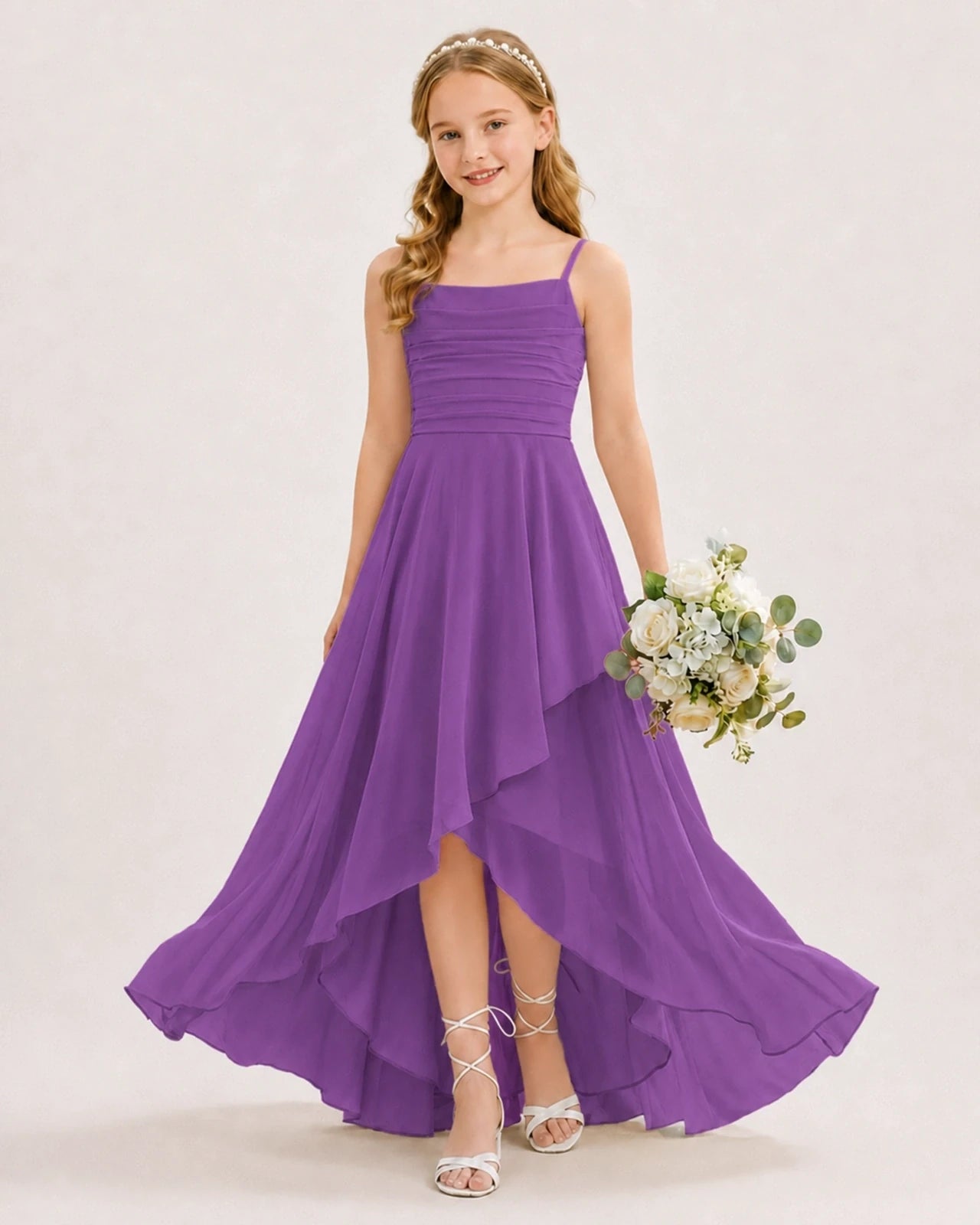Dideyttawl Chiffon Junior Bridesmaid Dress with High-Low Ruffle Layers