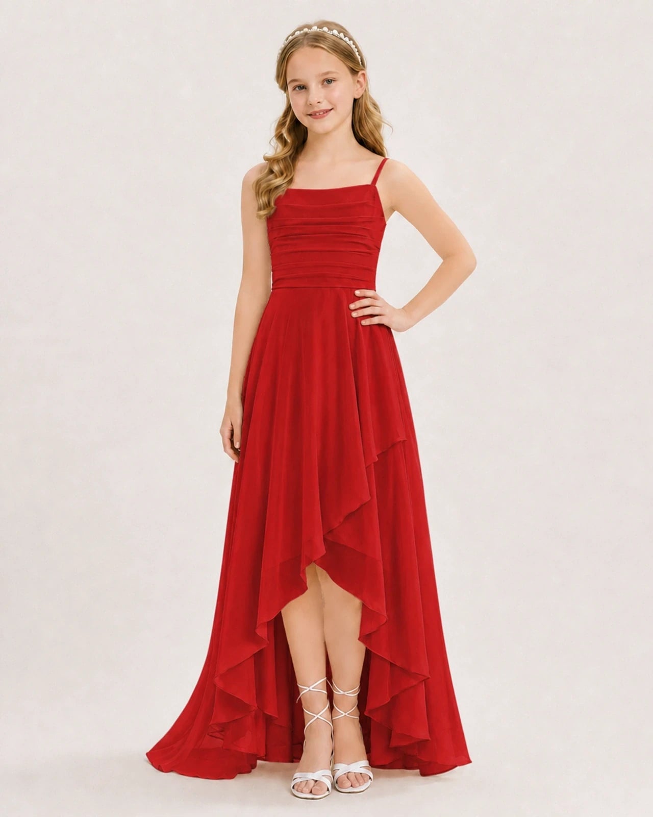 Dideyttawl Chiffon Junior Bridesmaid Dress with High-Low Ruffle Layers