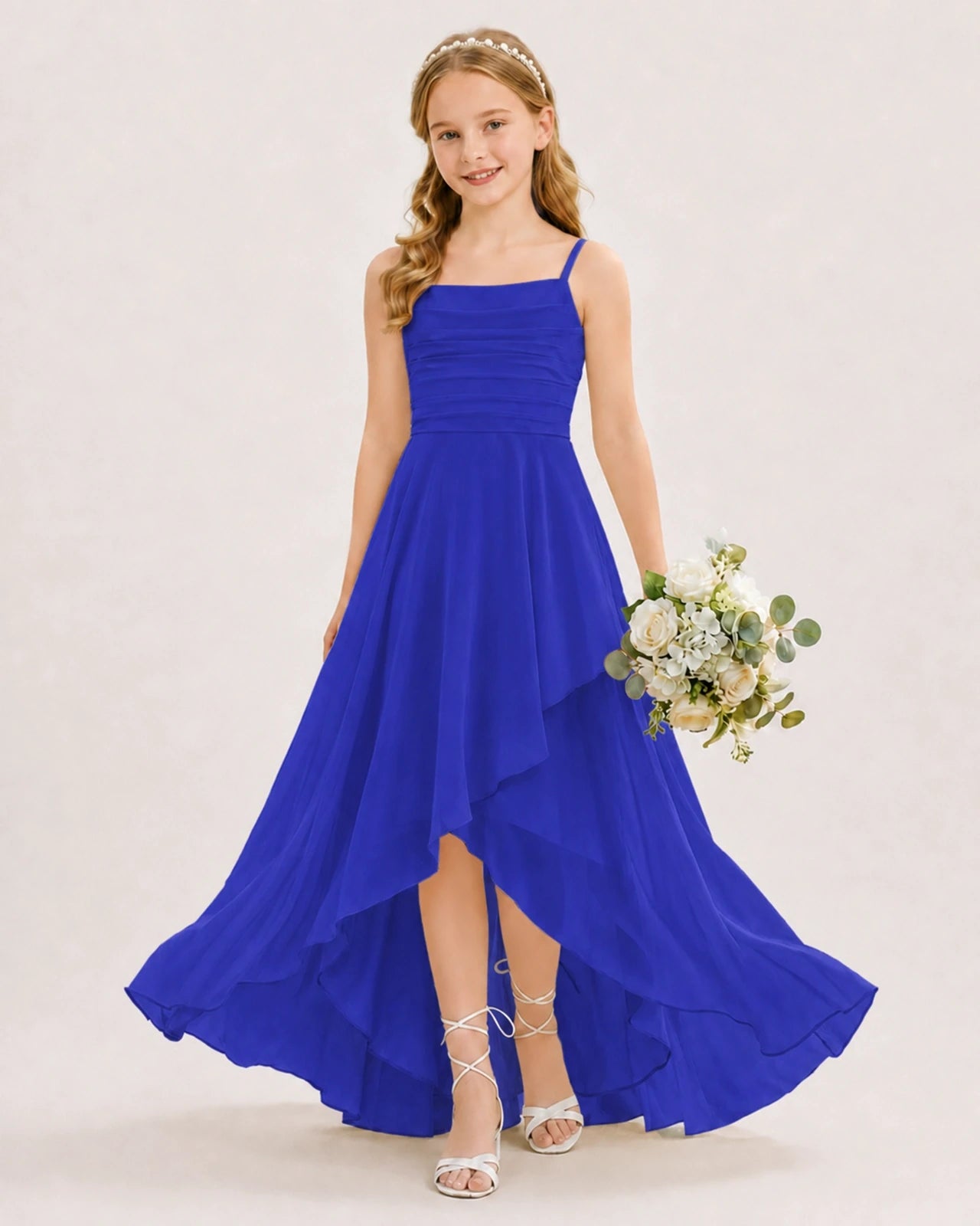 Dideyttawl Chiffon Junior Bridesmaid Dress with High-Low Ruffle Layers