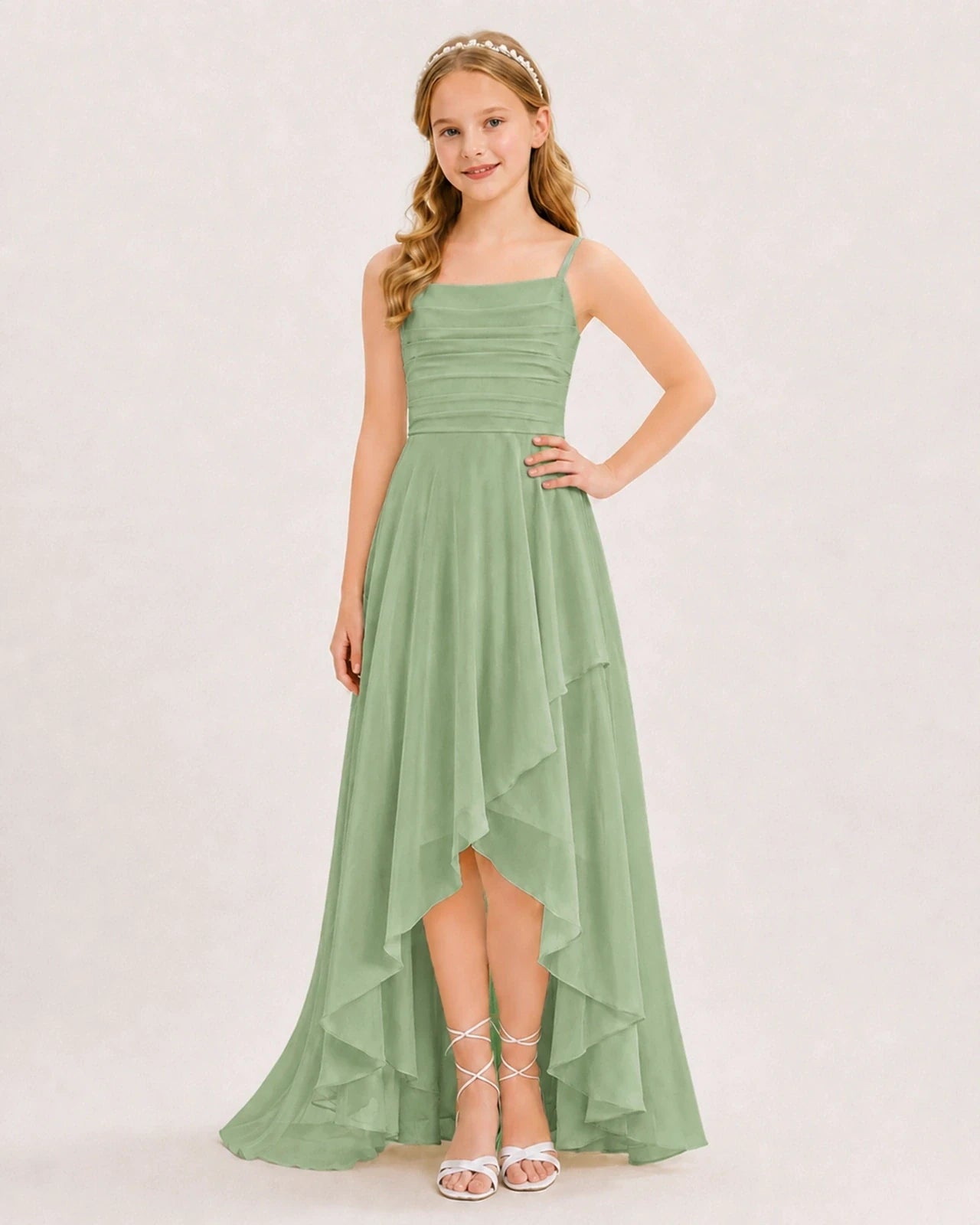 Dideyttawl Chiffon Junior Bridesmaid Dress with High-Low Ruffle Layers