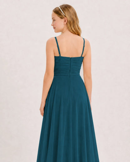Teal Chiffon A-line Junior Bridesmaid Dress Back View