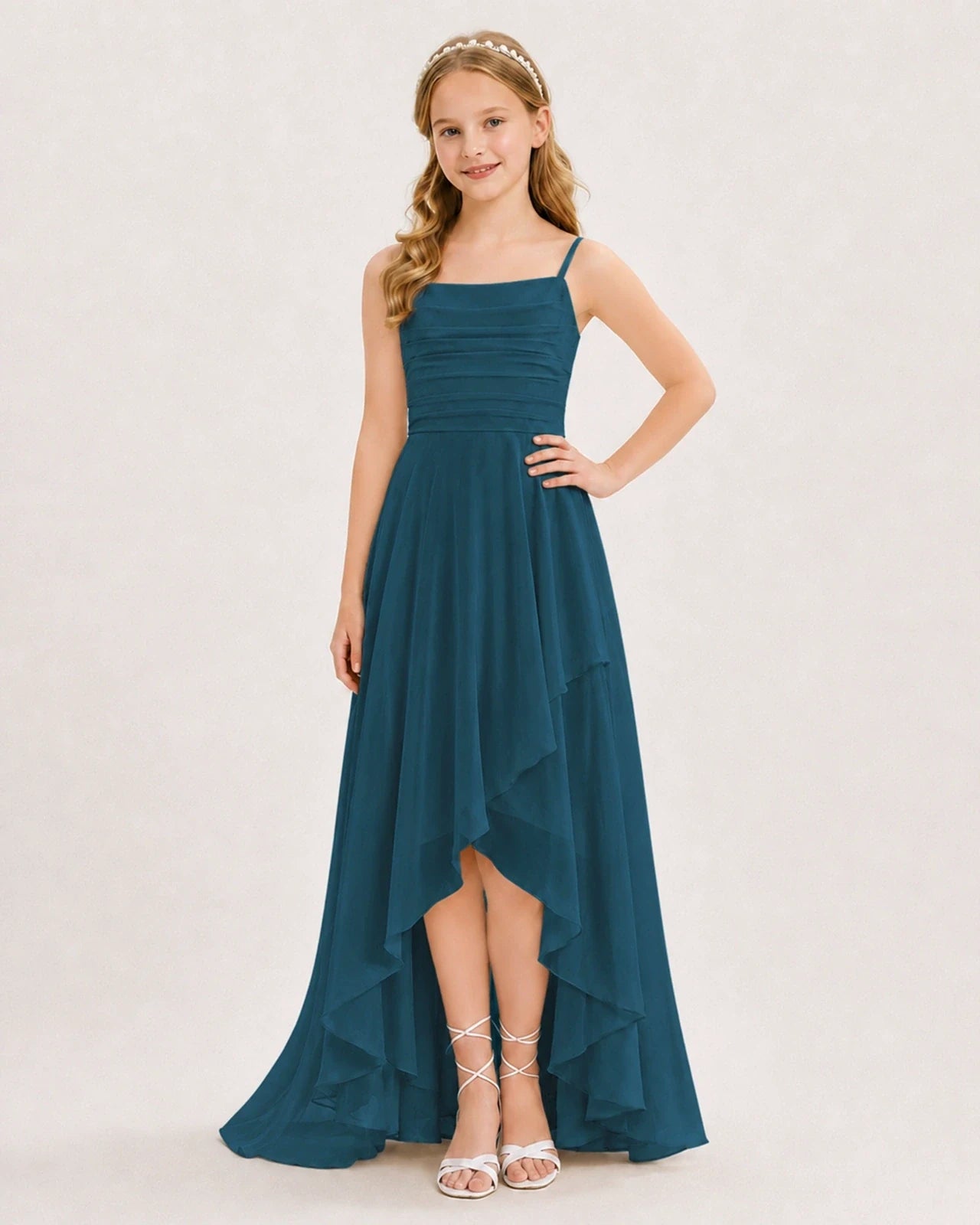 Teal Chiffon A-line Junior Bridesmaid Dress Front View