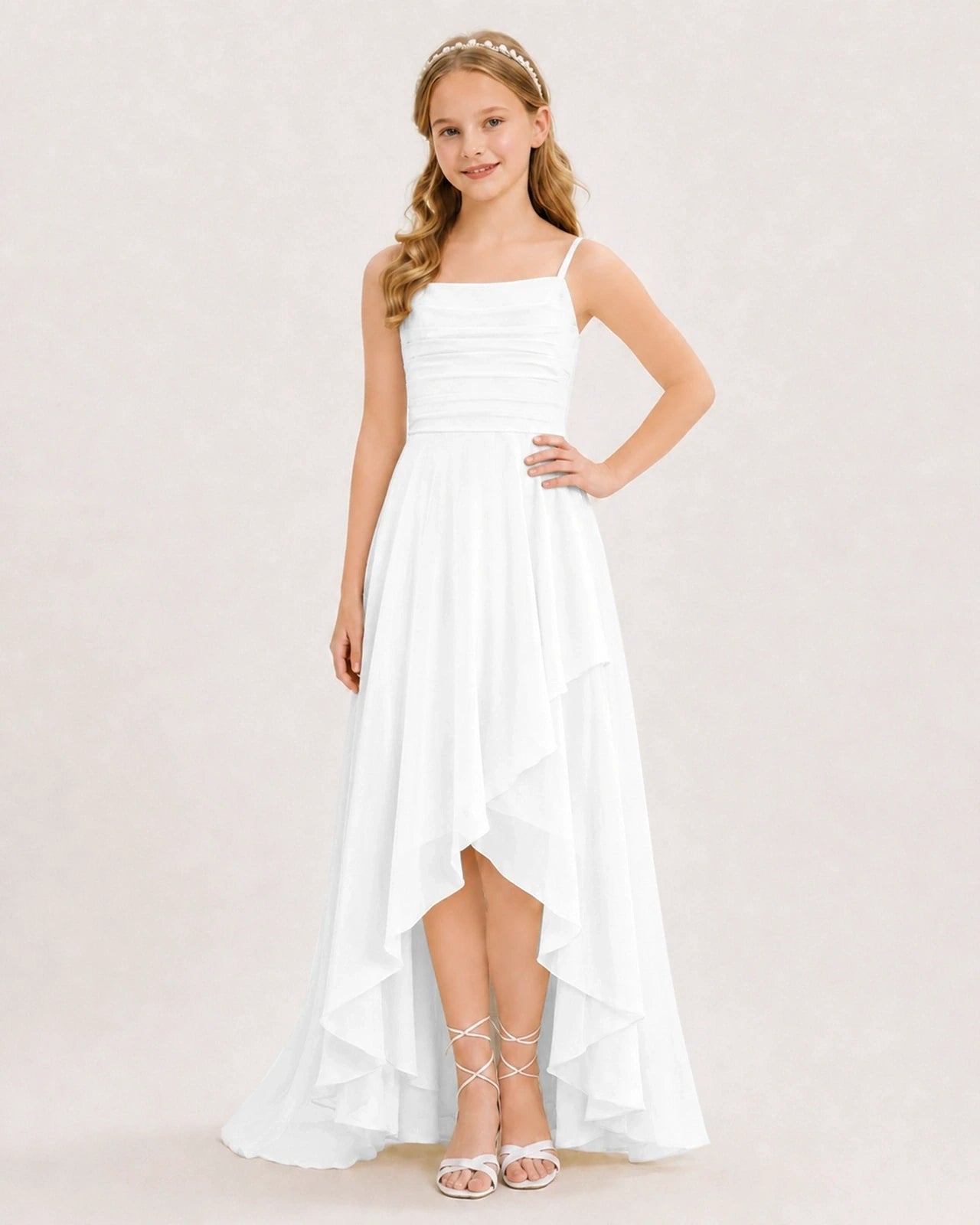 White Chiffon A-line Junior Bridesmaid Dress Front View