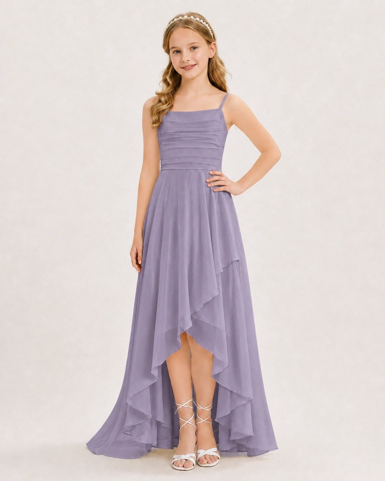 Dideyttawl Chiffon Junior Bridesmaid Dress with High-Low Ruffle Layers