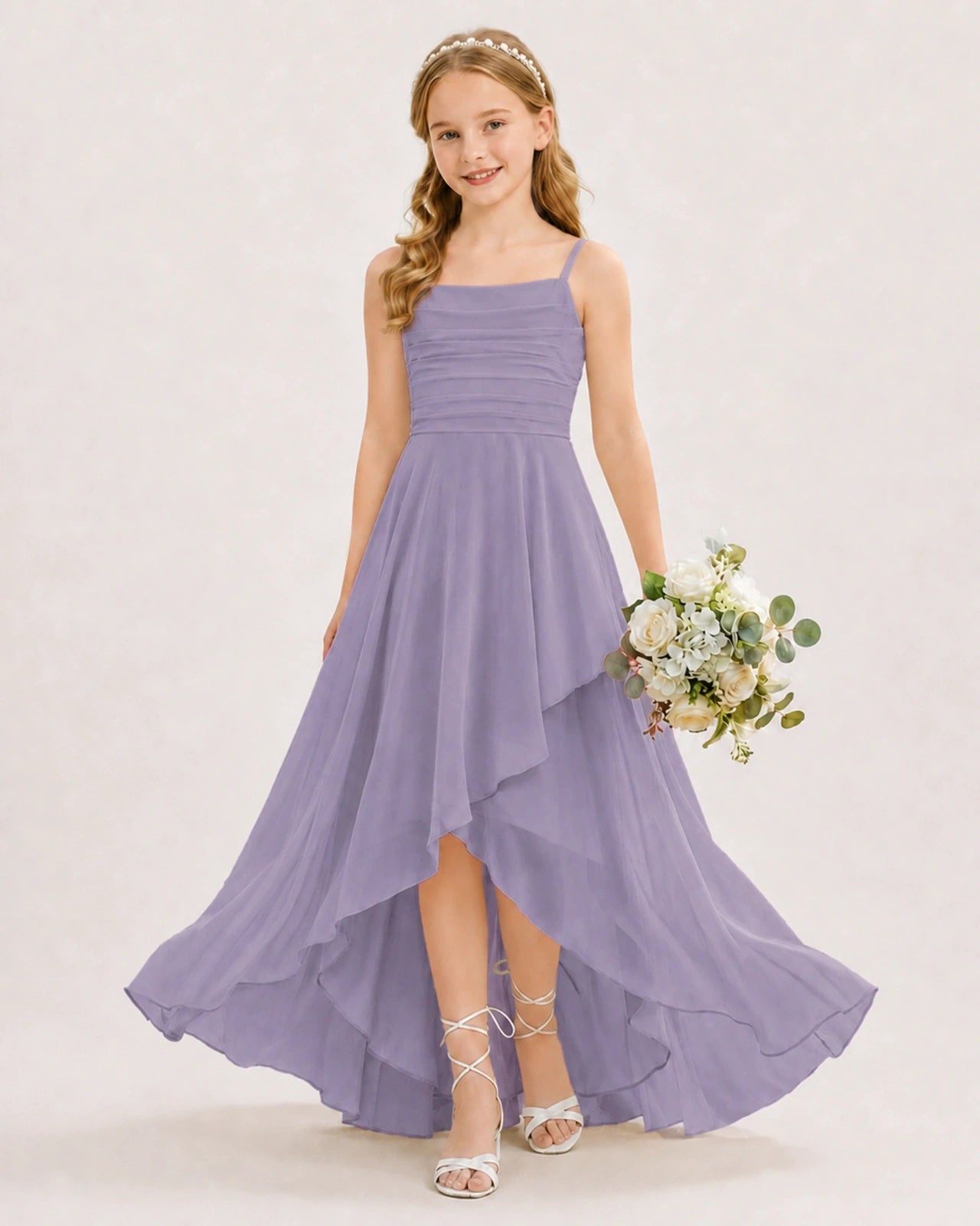 Dideyttawl Chiffon Junior Bridesmaid Dress with High-Low Ruffle Layers