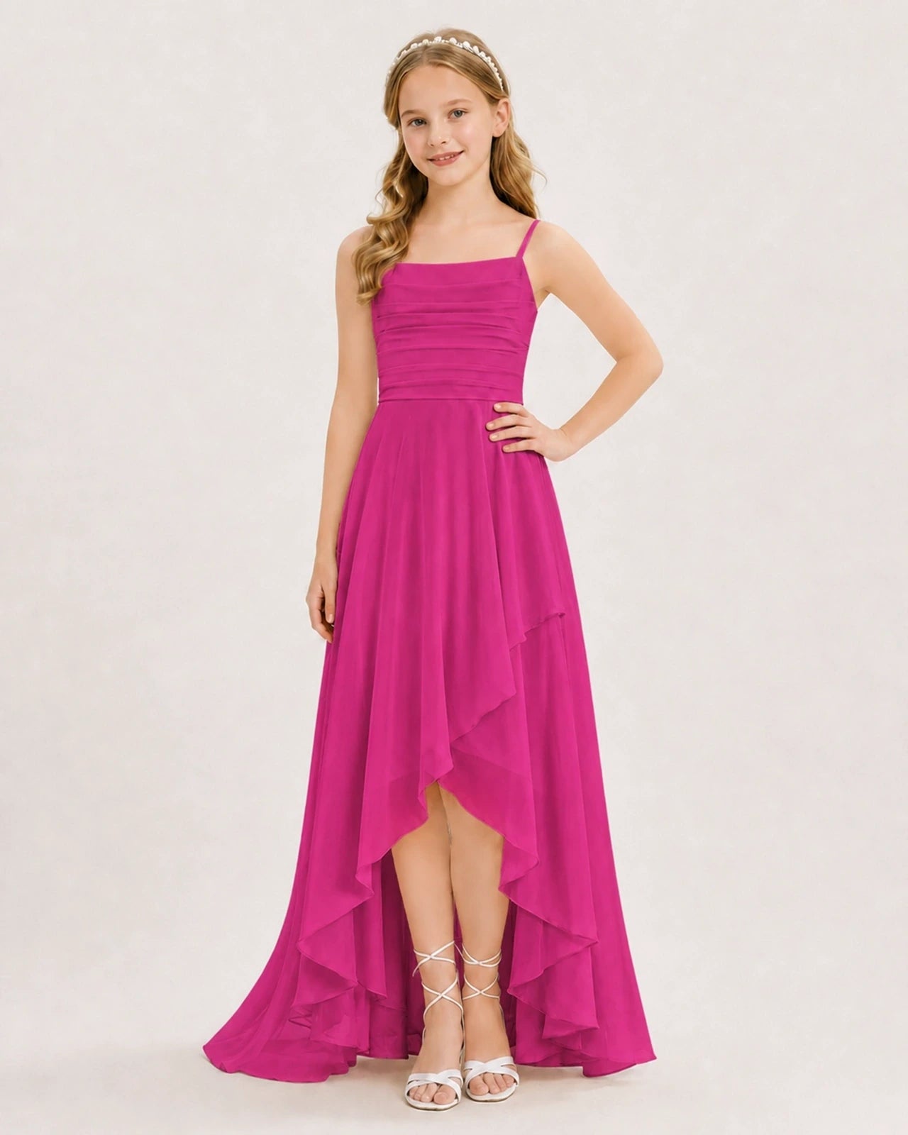 Dideyttawl Chiffon Junior Bridesmaid Dress with High-Low Ruffle Layers