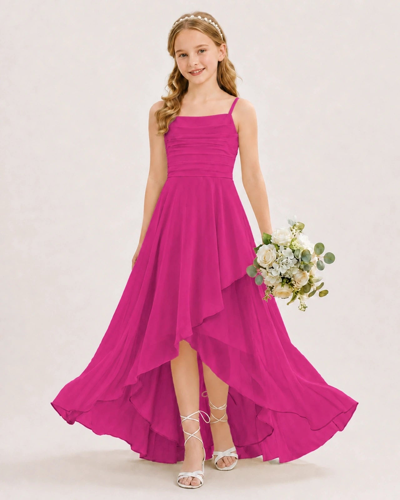 Dideyttawl Chiffon Junior Bridesmaid Dress with High-Low Ruffle Layers