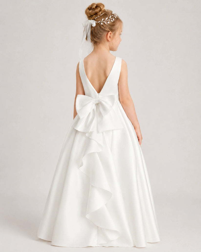 Ivory Satin A-line Flower Girl Dress Back View