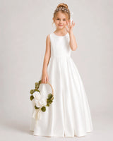Ivory Satin A-line Flower Girl Dress Front View