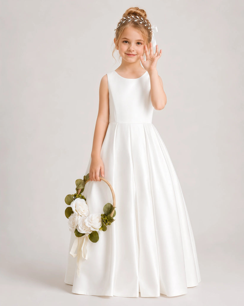 Ivory Satin A-line Flower Girl Dress Front View