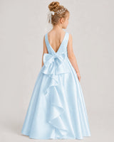 Baby Blue Satin A-line Flower Girl Dress Back View