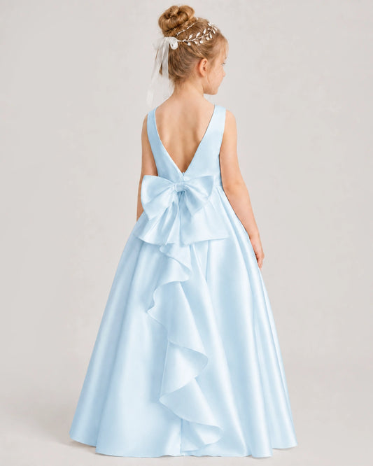Baby Blue Satin A-line Flower Girl Dress Back View