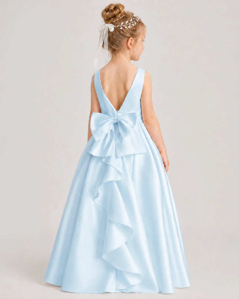 Baby Blue Satin A-line Flower Girl Dress Back View