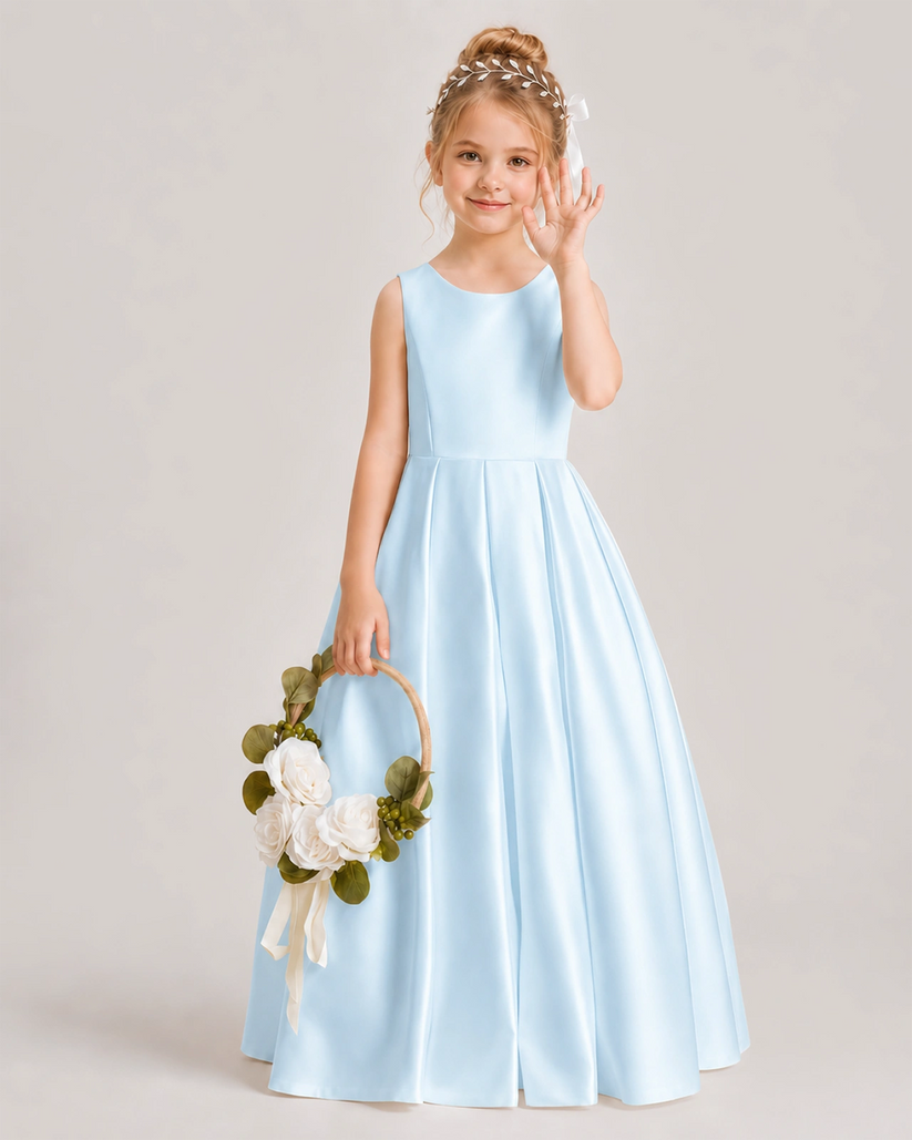 Baby Blue Satin A-line Flower Girl Dress Front View