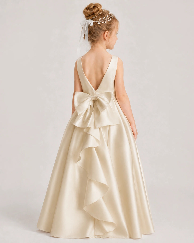 Champagne Satin A-line Flower Girl Dress Back View