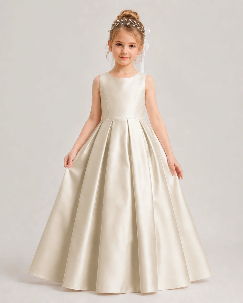 Champagne Satin A-line Flower Girl Dress Front View