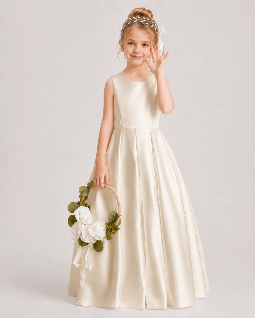 Champagne Satin A-line Flower Girl Dress Front View