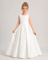 Ivory Satin A-line Flower Girl Dress Front View
