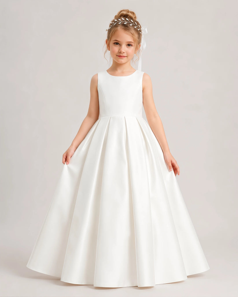 Ivory Satin A-line Flower Girl Dress Front View