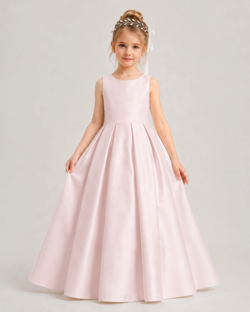 Blush Pink Satin A-line Flower Girl Dress Front View